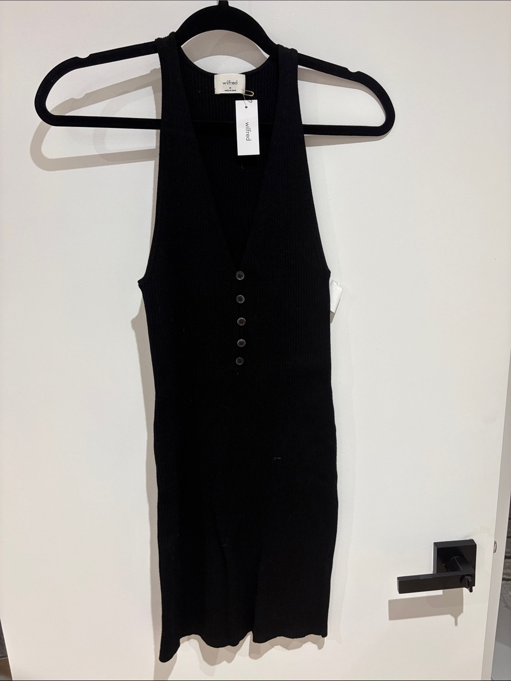 Wilfred Black Ribbed V-Neck Button Midi Dress